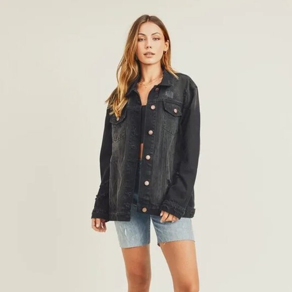 RISEN Full Size Distressed Long Sleeve Denim Jacket - Picture 6 of 6